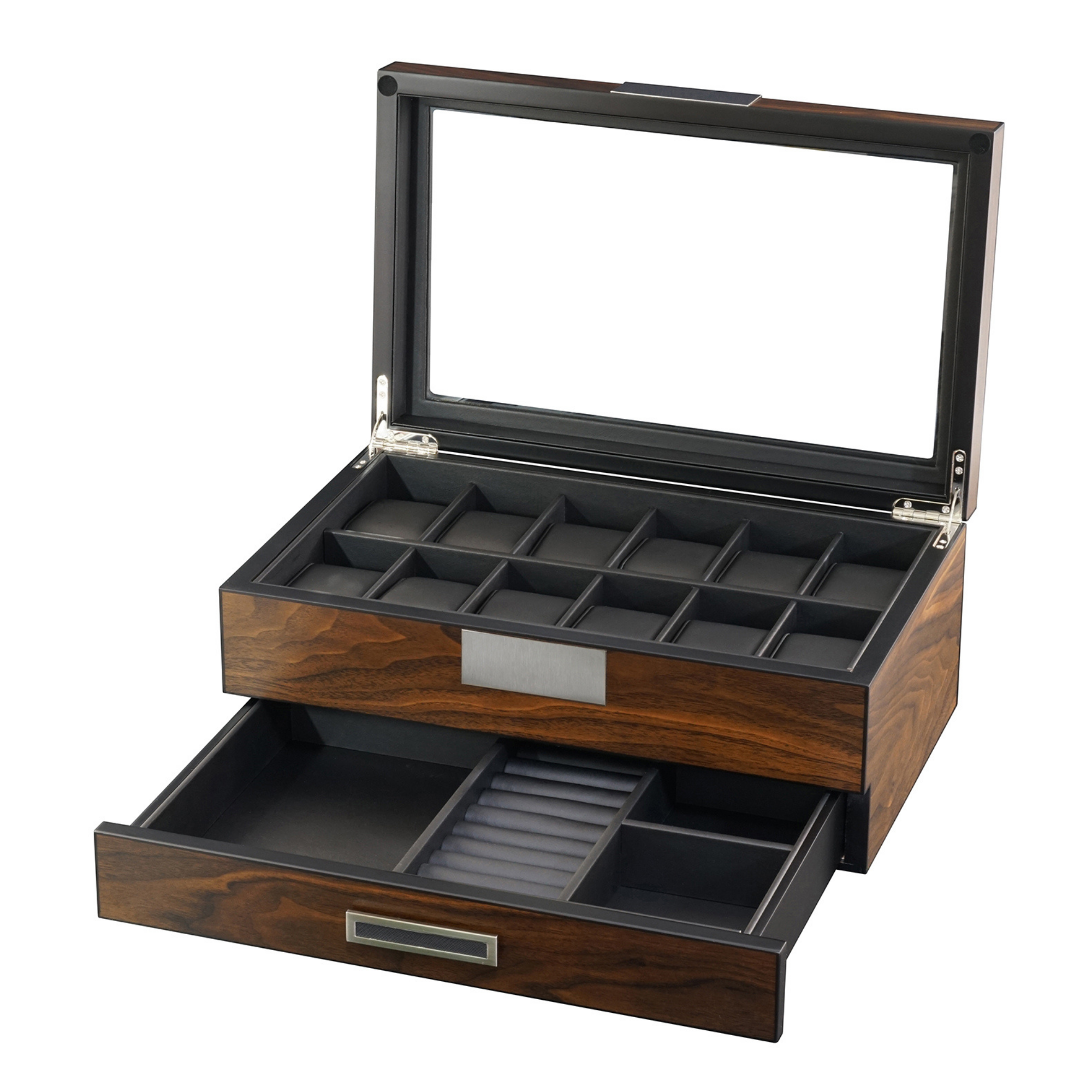 12 Slot Ebony Wood Watch Box with Drawer