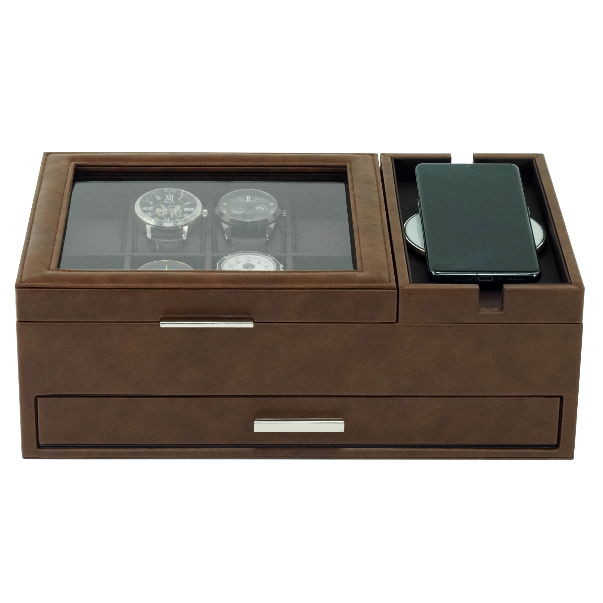8 Slots Watch Box with Valet and Drawer in Brown