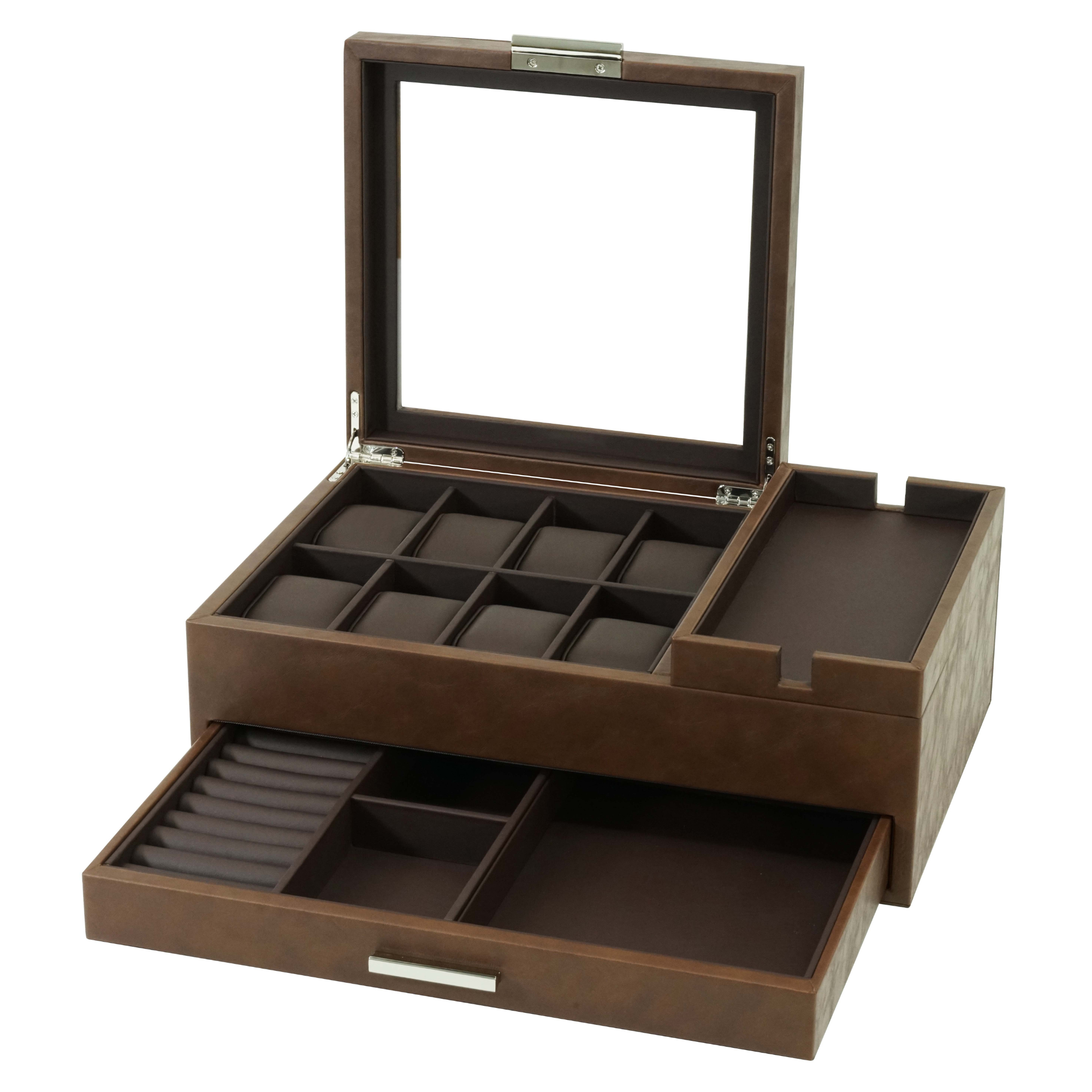 8 Slots Watch Box with Valet and Drawer in Brown