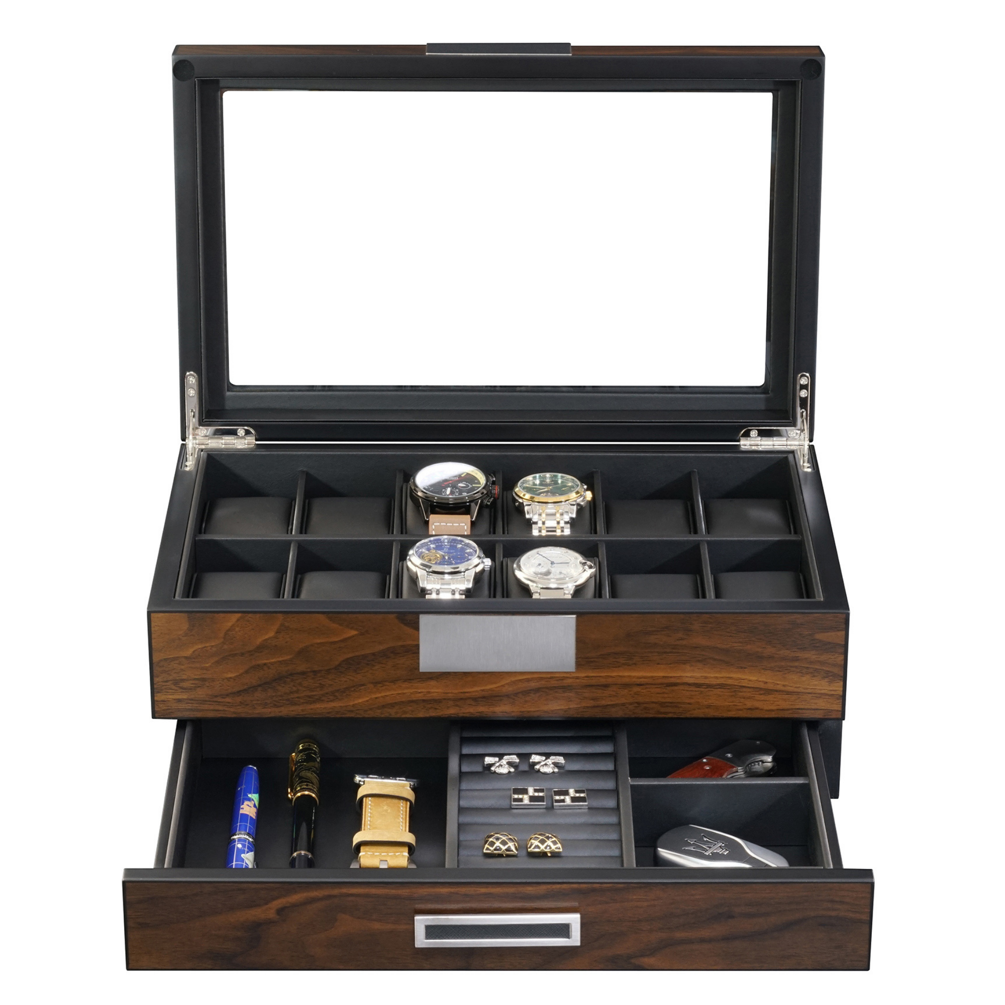 12 Slot Ebony Wood Watch Box with Drawer
