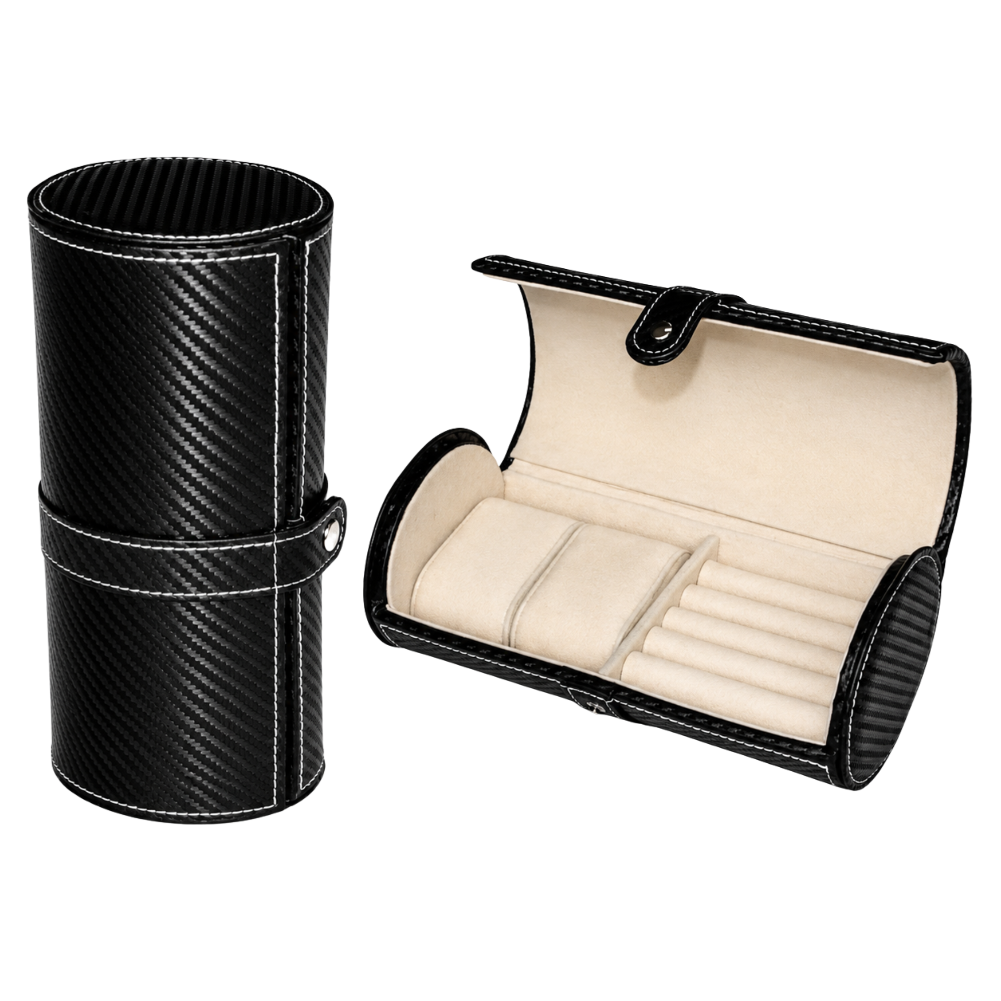 Étui à Boutons de Manchette et Rouleau de Montre en Cuir Végan Noir Effet Fibre de Carbone