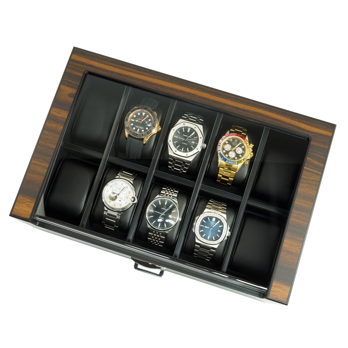 Écrin à montres 12 compartiments en bois d'ébène avec tiroir
