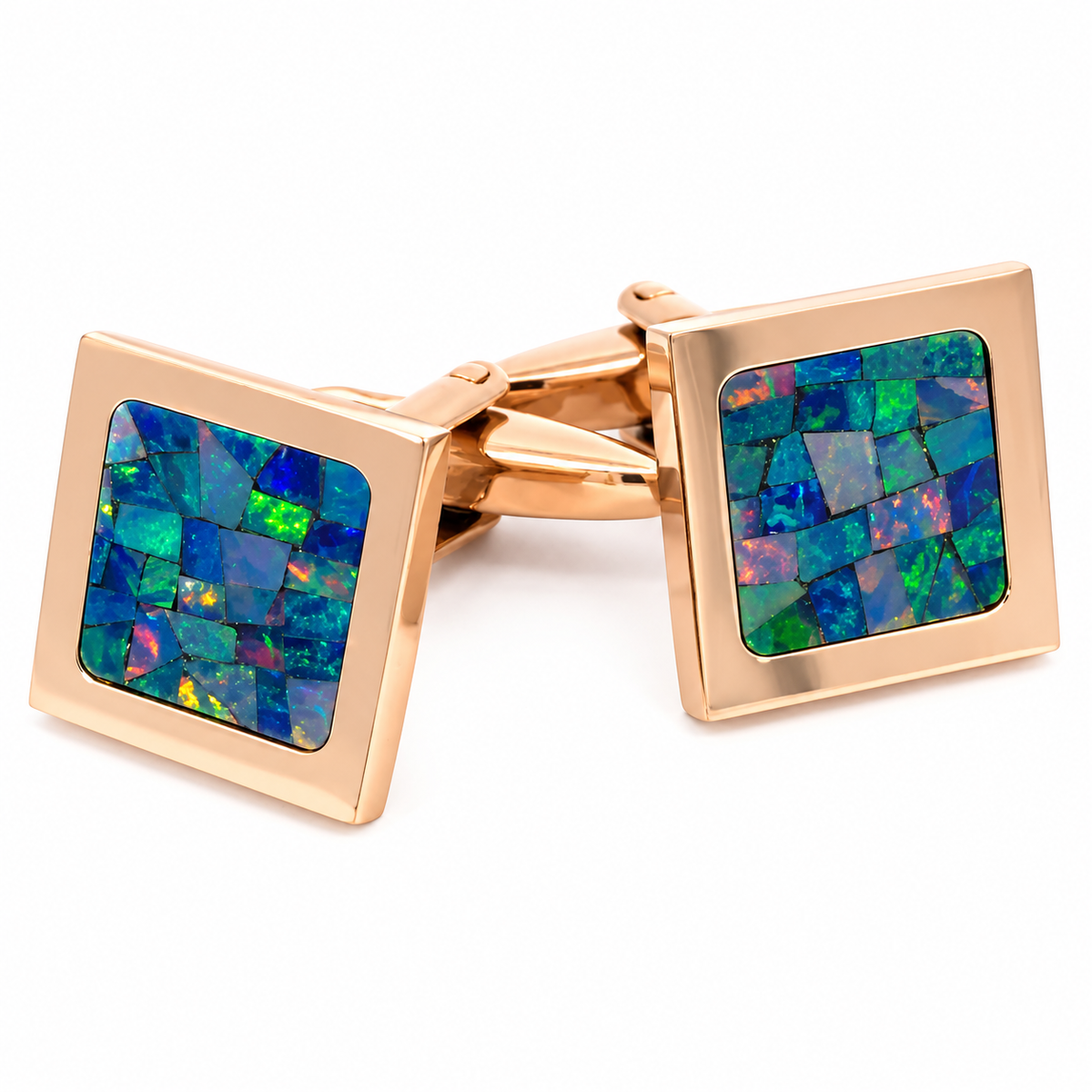 Boutons de manchette carrés en opale australienne (Vert Or Rose Brillant)