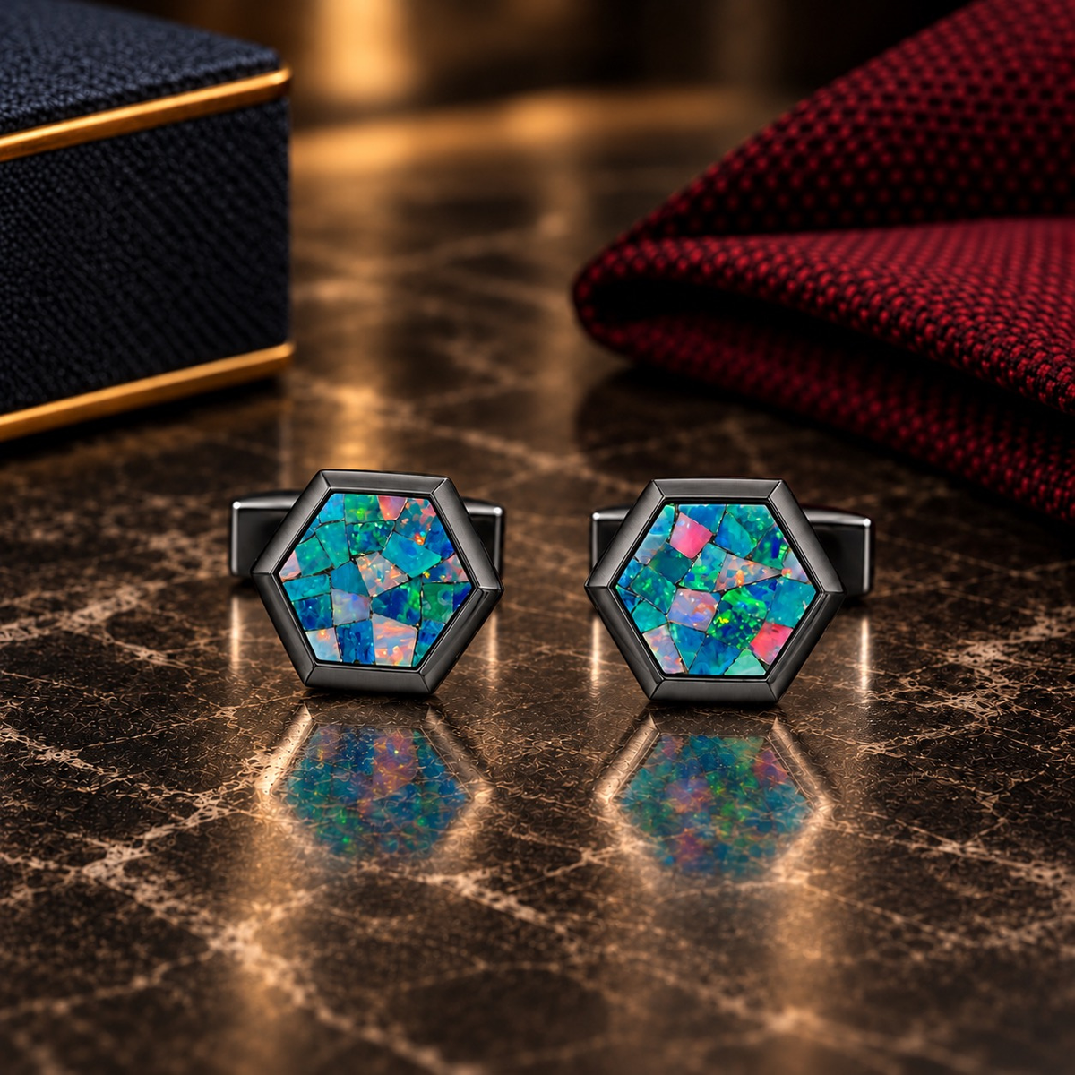 Opal Brushed Black Hex Cufflinks