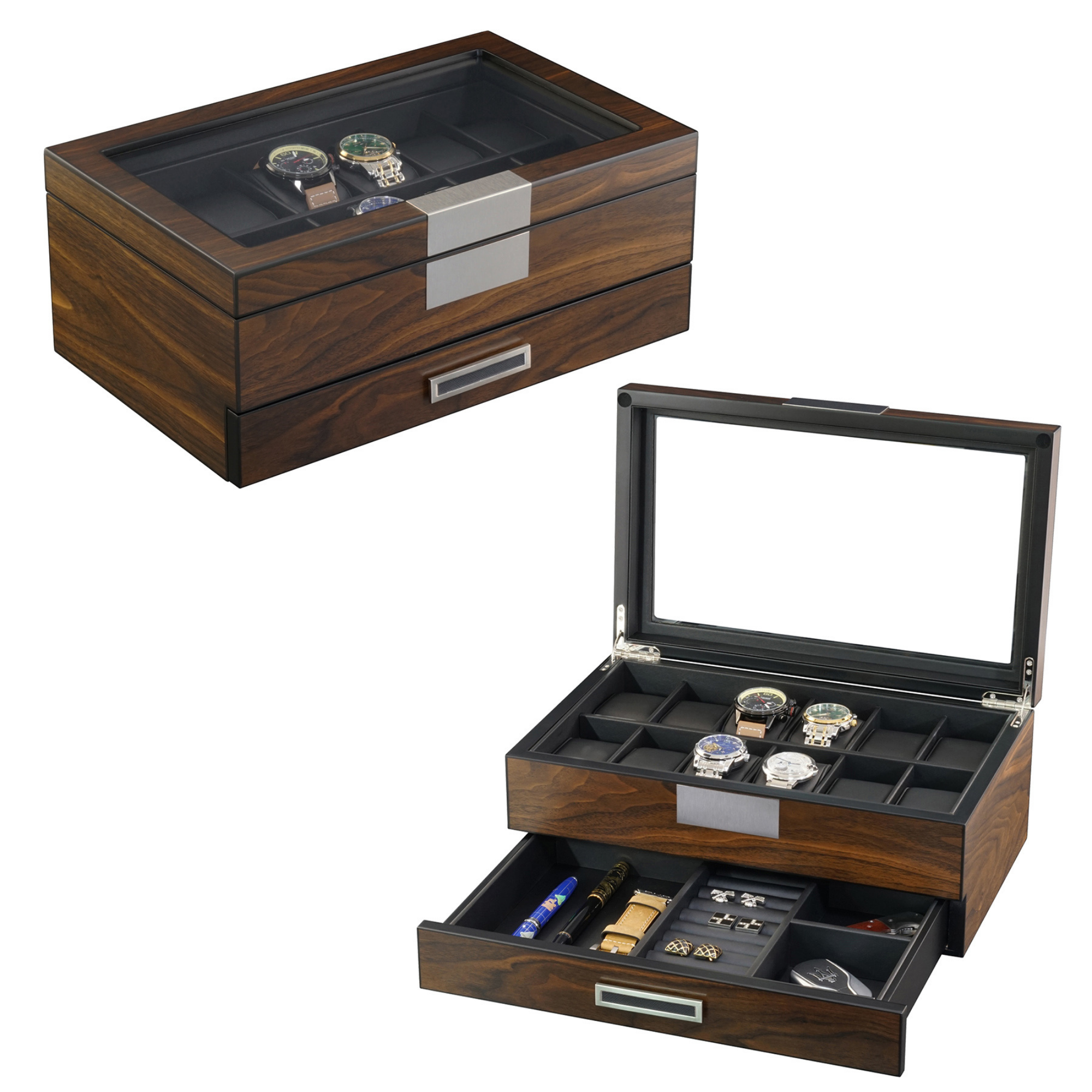 12 Slot Ebony Wood Watch Box with Drawer