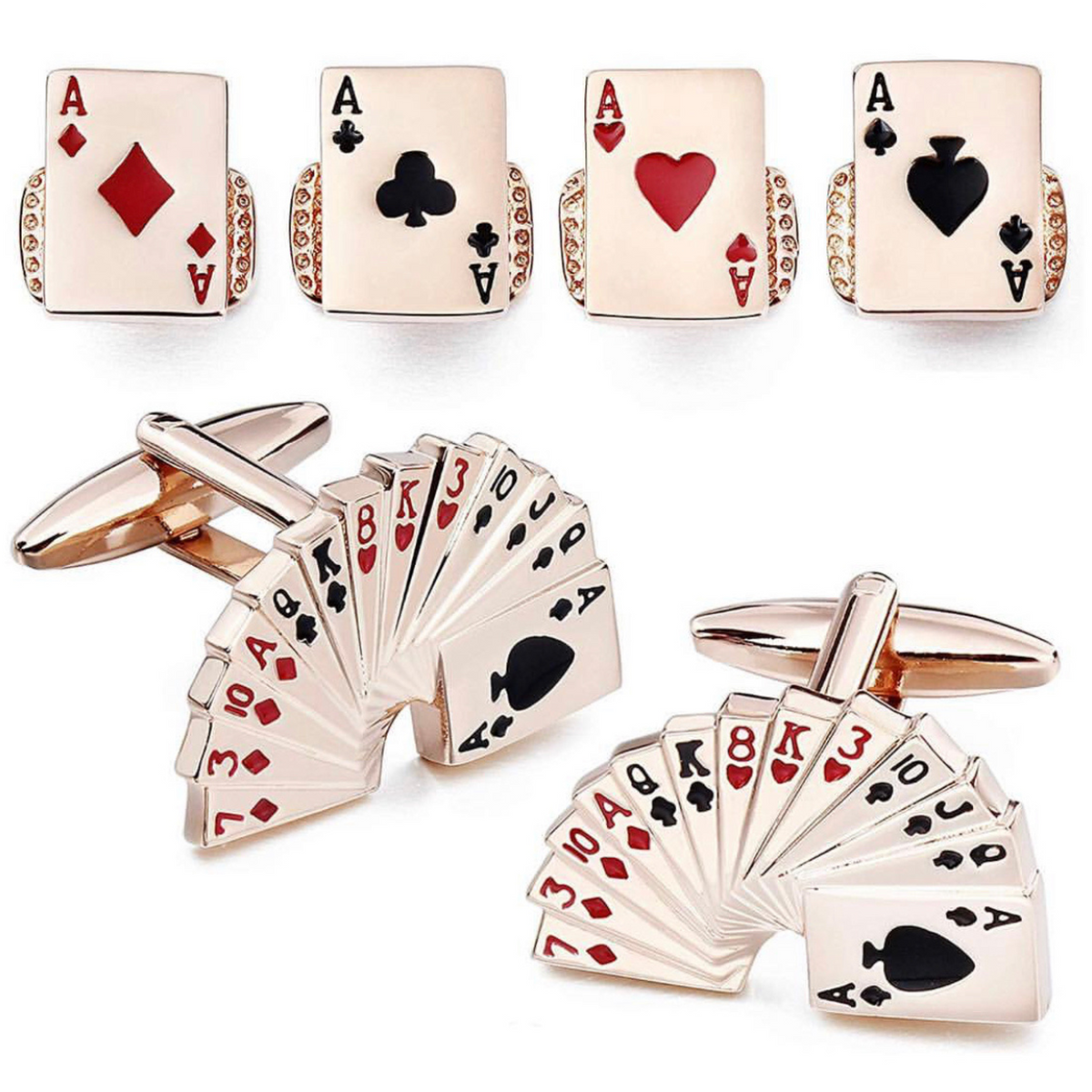 Ensemble Boutons de Manchette et Plastron Cartes de Casino Or Rose