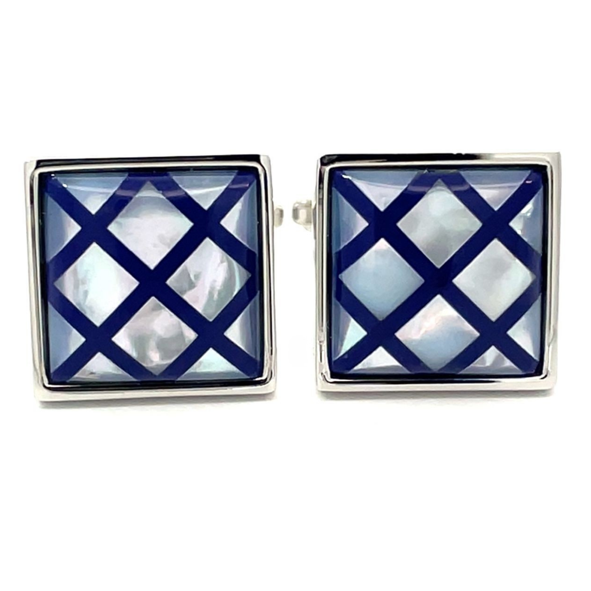 Navy Blue Crisscross on Mother of Pearl Cufflinks