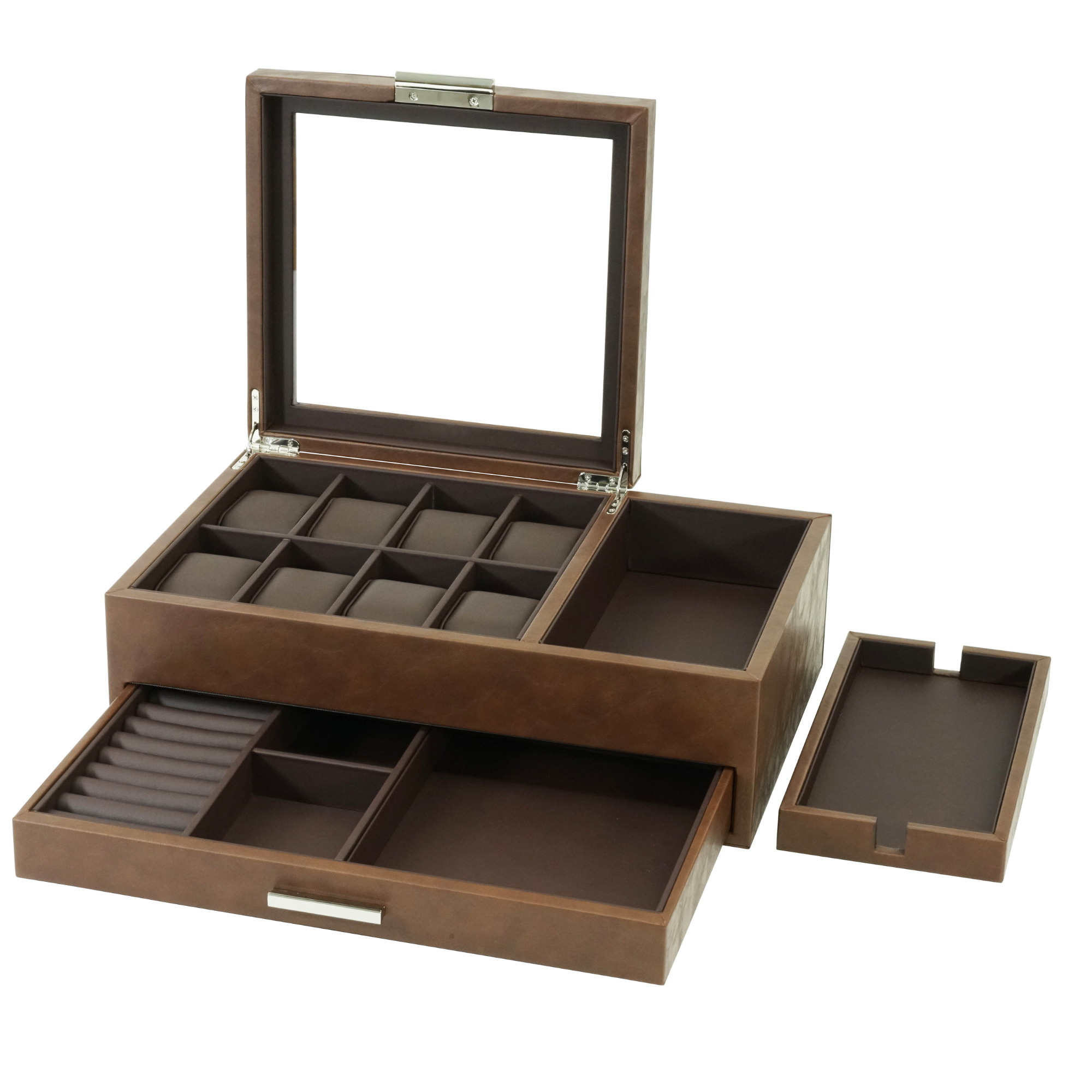 8 Slots Watch Box with Valet and Drawer in Brown
