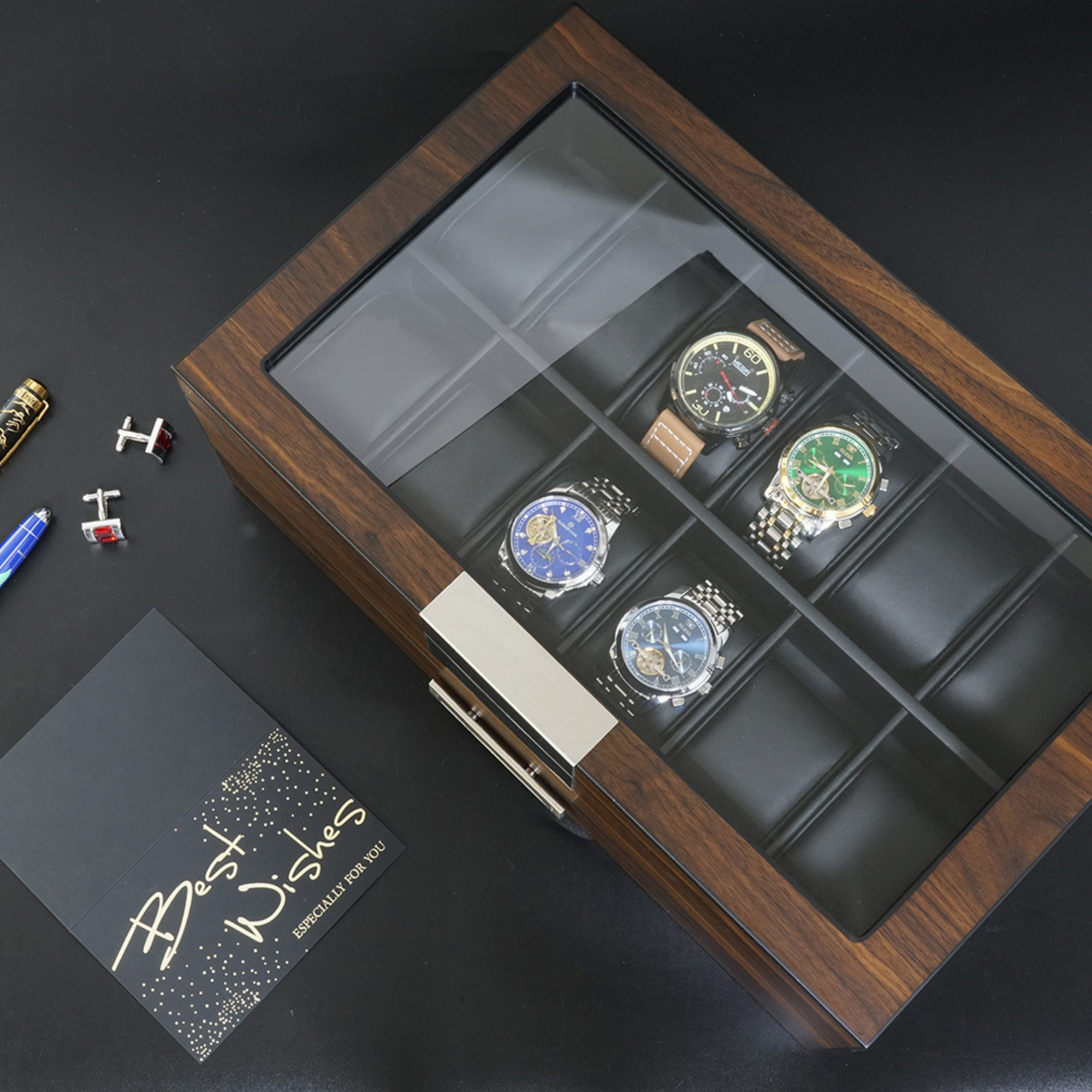 12 Slot Ebony Wood Watch Box with Drawer