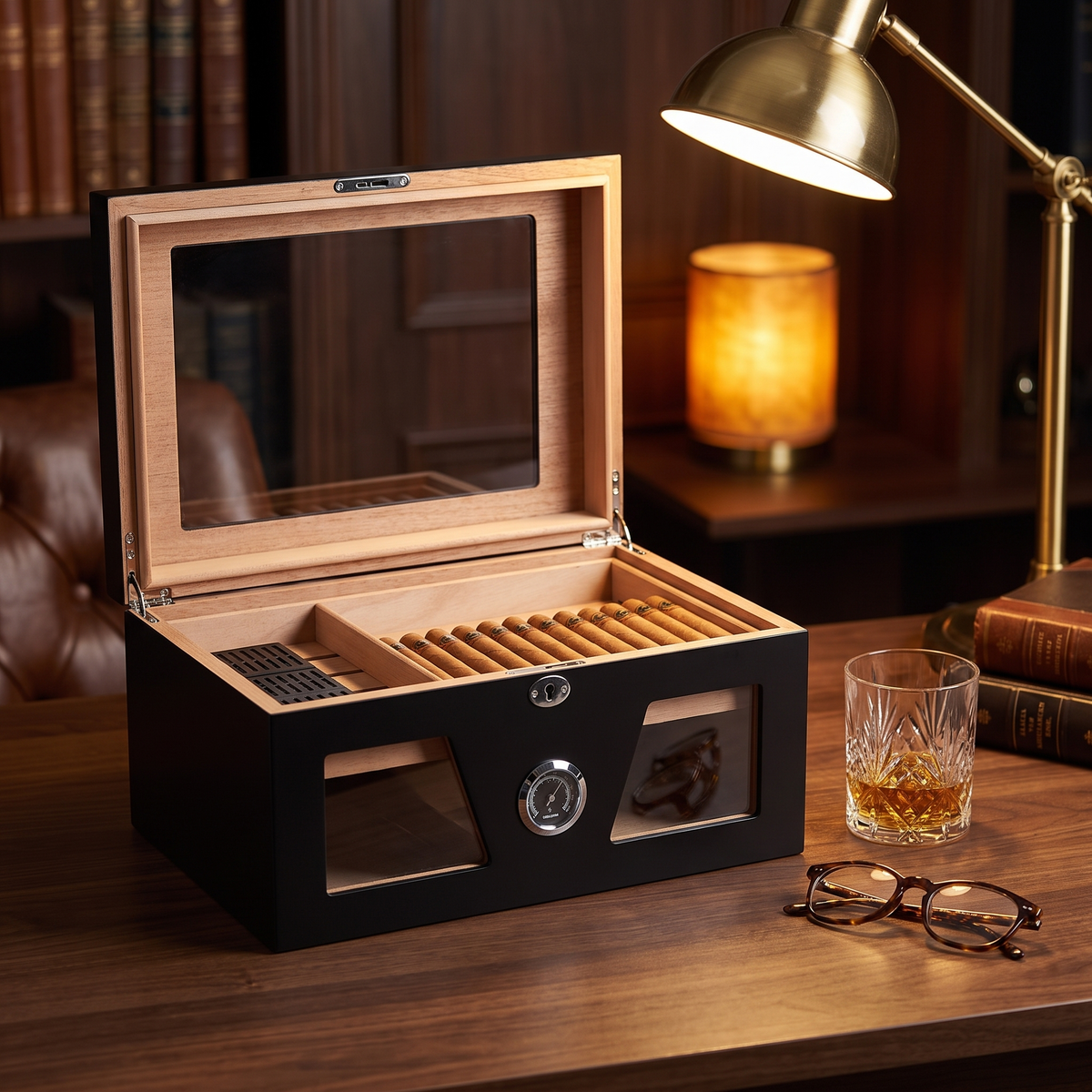 100 CT Black Cigar Humidor Spanish Cedar Box for Cigars — lifestyle shot