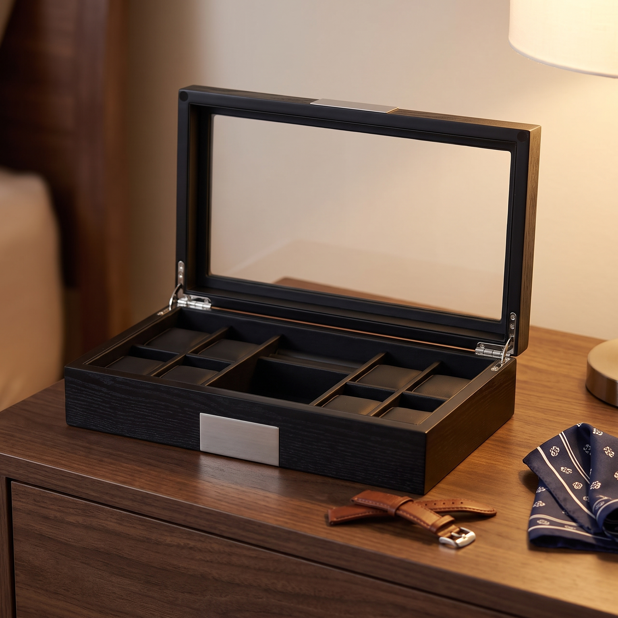 Black Wooden Watch Box for 8 Watches+ Organiser — lifestyle shot