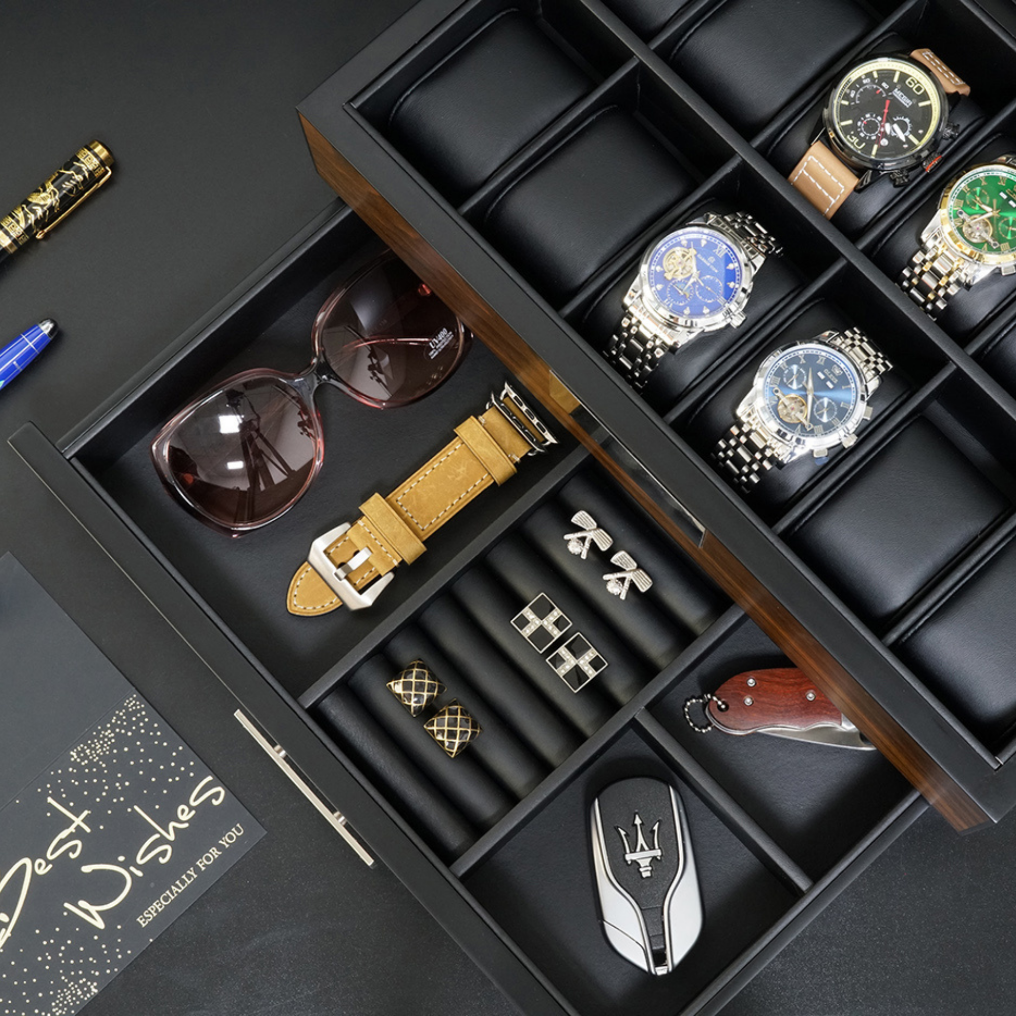 12 Slot Ebony Wood Watch Box with Drawer
