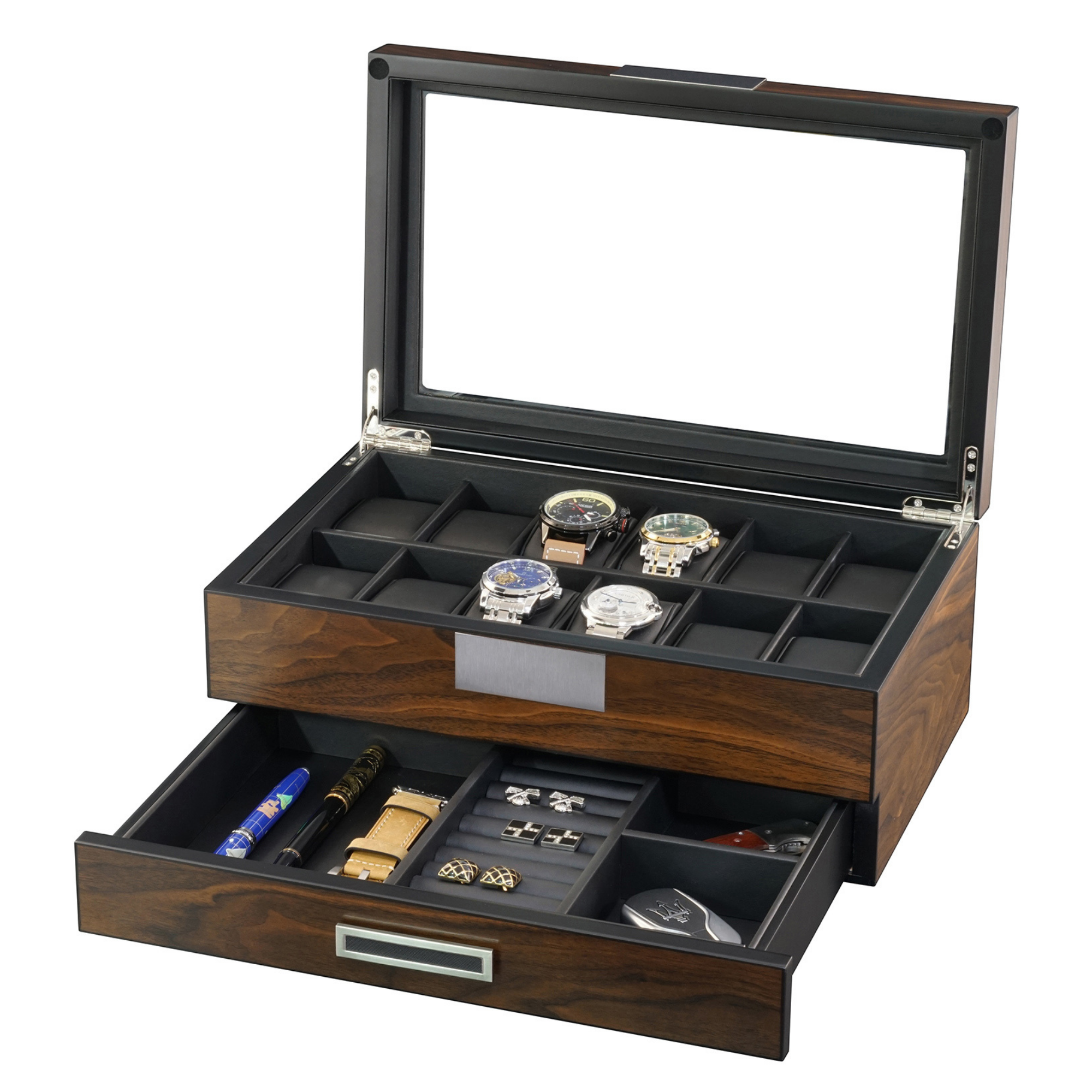 12 Slot Ebony Wood Watch Box with Drawer