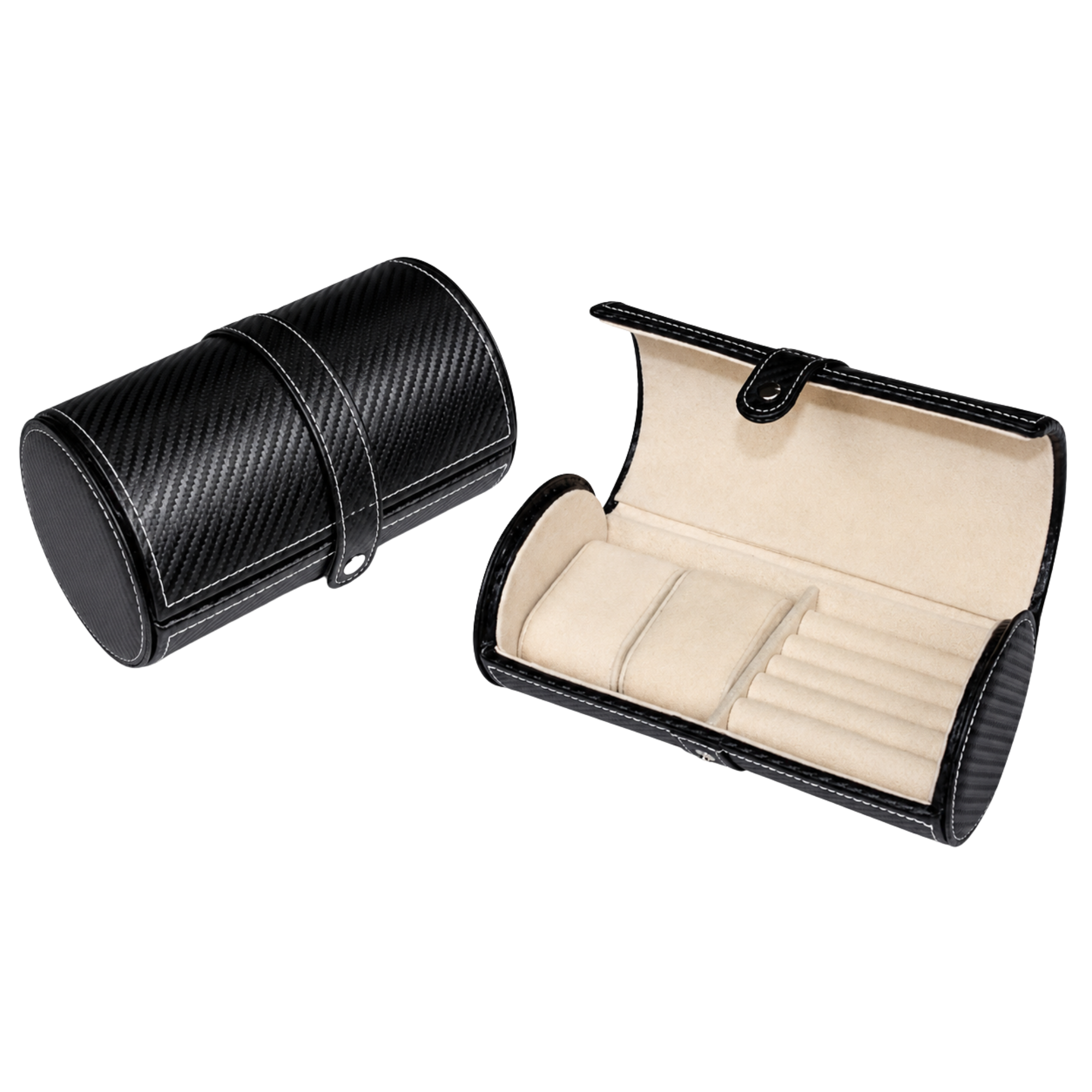 Étui à Boutons de Manchette et Rouleau de Montre en Cuir Végan Noir Effet Fibre de Carbone