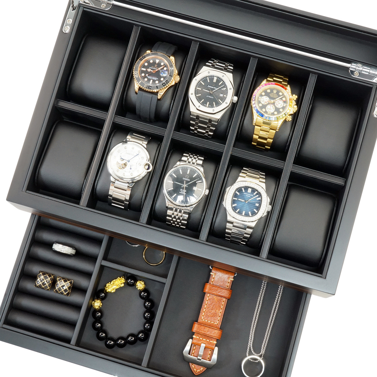 Écrin à montres 12 compartiments en bois d'ébène avec tiroir