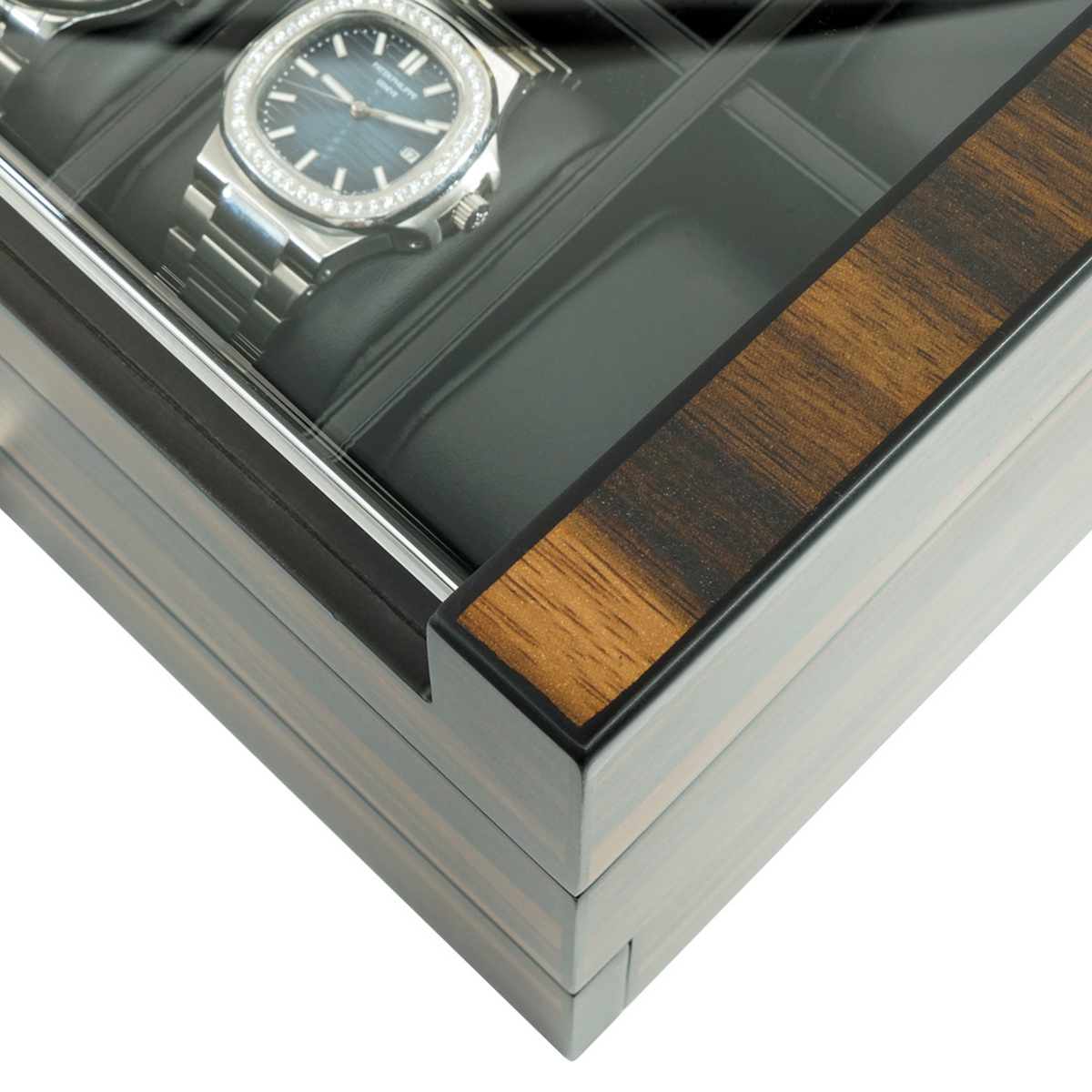 Écrin à montres 12 compartiments en bois d'ébène avec tiroir