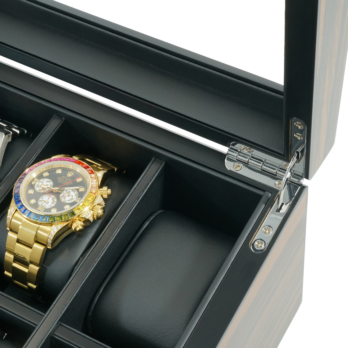 Écrin à montres 12 compartiments en bois d'ébène avec tiroir