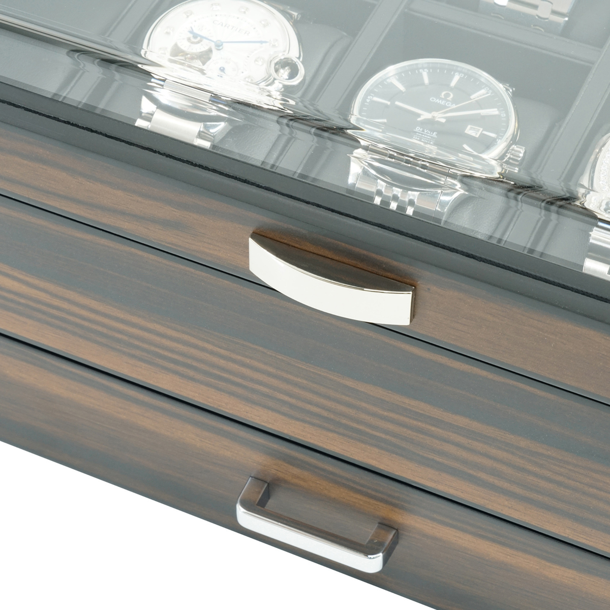 Écrin à montres 12 compartiments en bois d'ébène avec tiroir