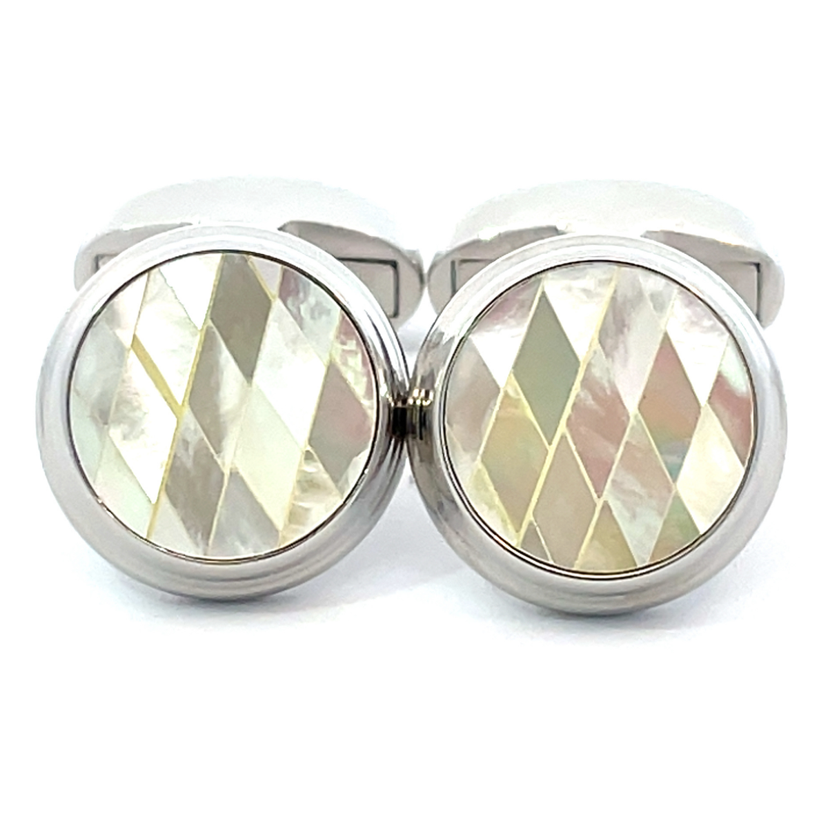 Diamond Mosaic Mother of Pearl Cufflinks in Round Silver