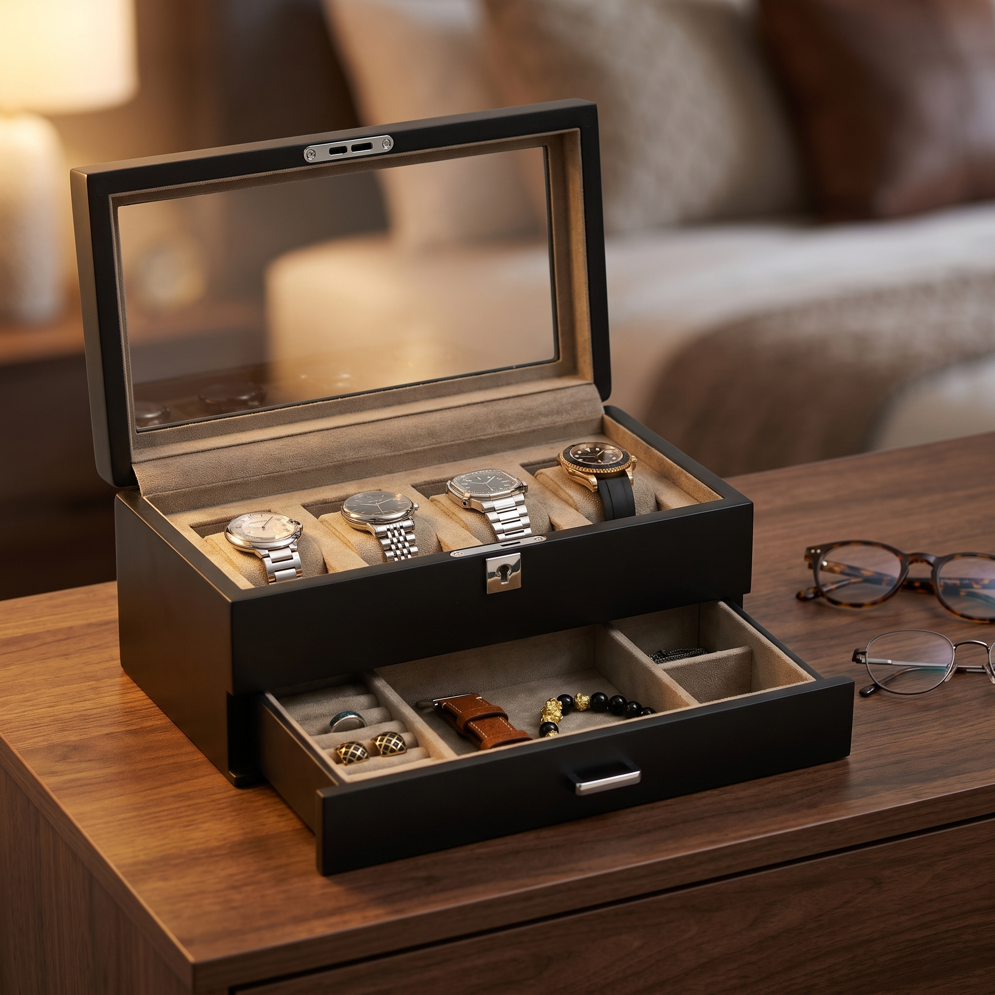 4 Slots Wooden Watch Box with Taupe Interior and Drawer — lifestyle shot