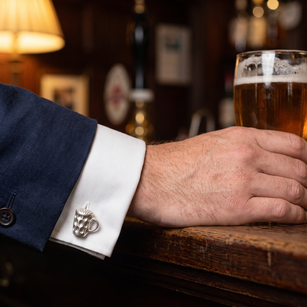 The Claytons Beer Cufflinks — lifestyle shot