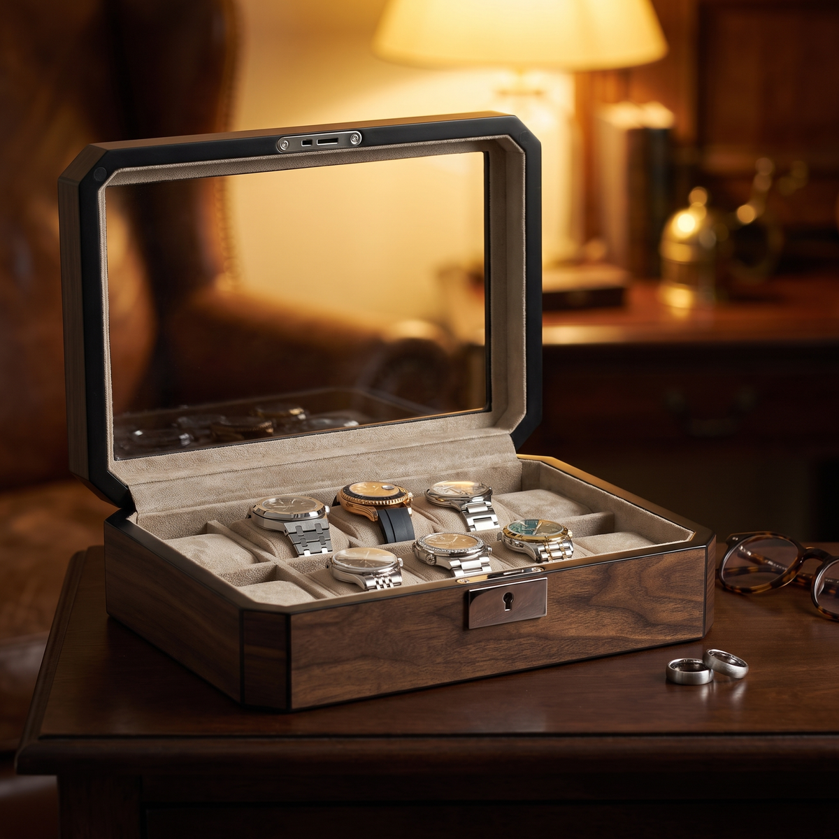 10 Slots Octagon Walnut Wooden Watch Box — lifestyle shot